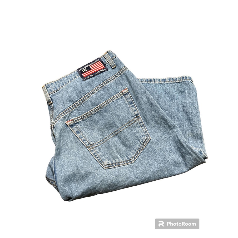 VTG Polo Jeans Co. Ralph Lauren Banner Flag Denim Blue Jean Shorts Size 34